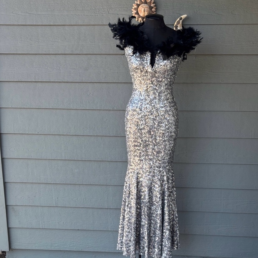 Hera Collection Silver Sequin Gown with Black Feather Trim